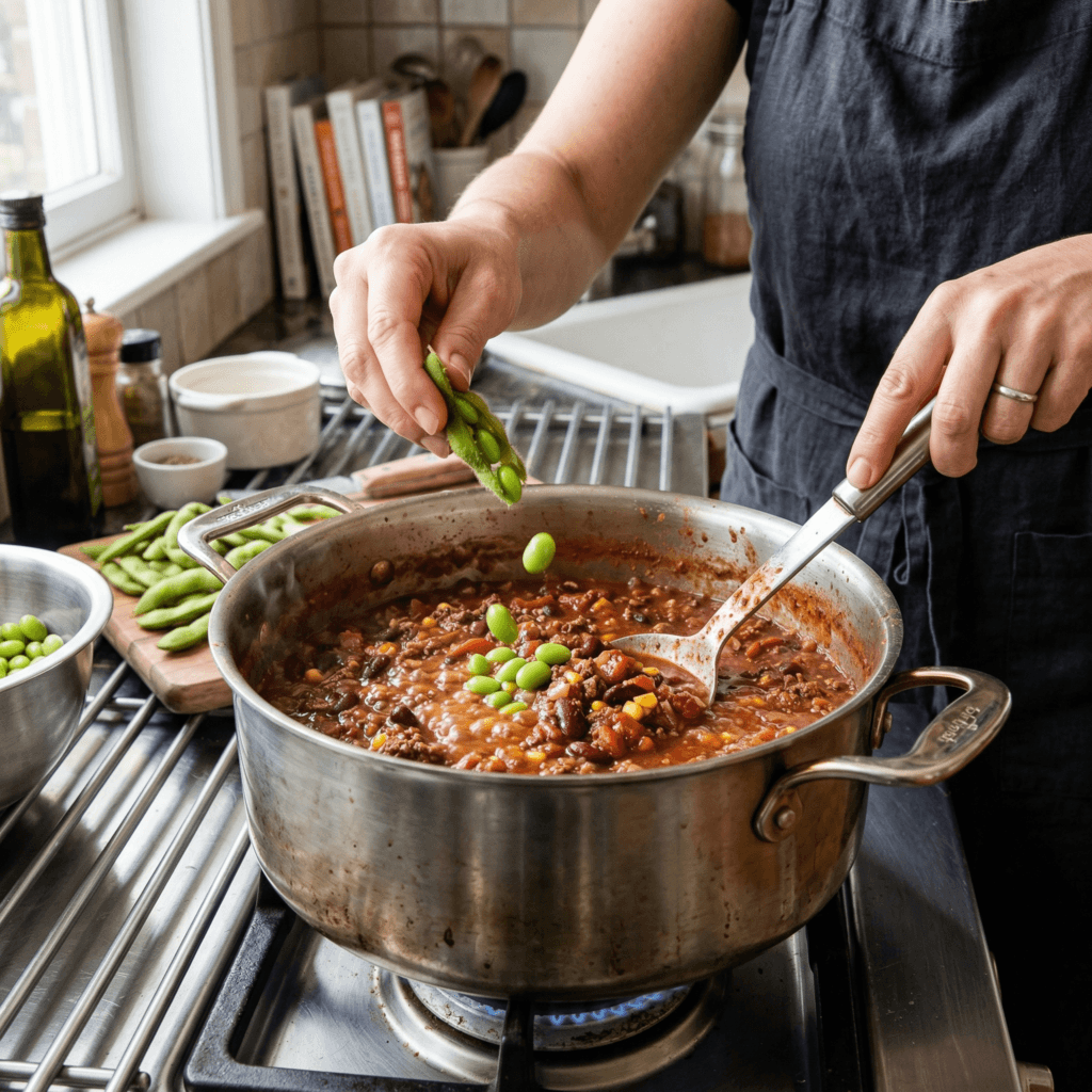 Edamame being emptied from its pod into chili being cooked into a large stainless steel pot on medium heat with stainless steel cooking utensils