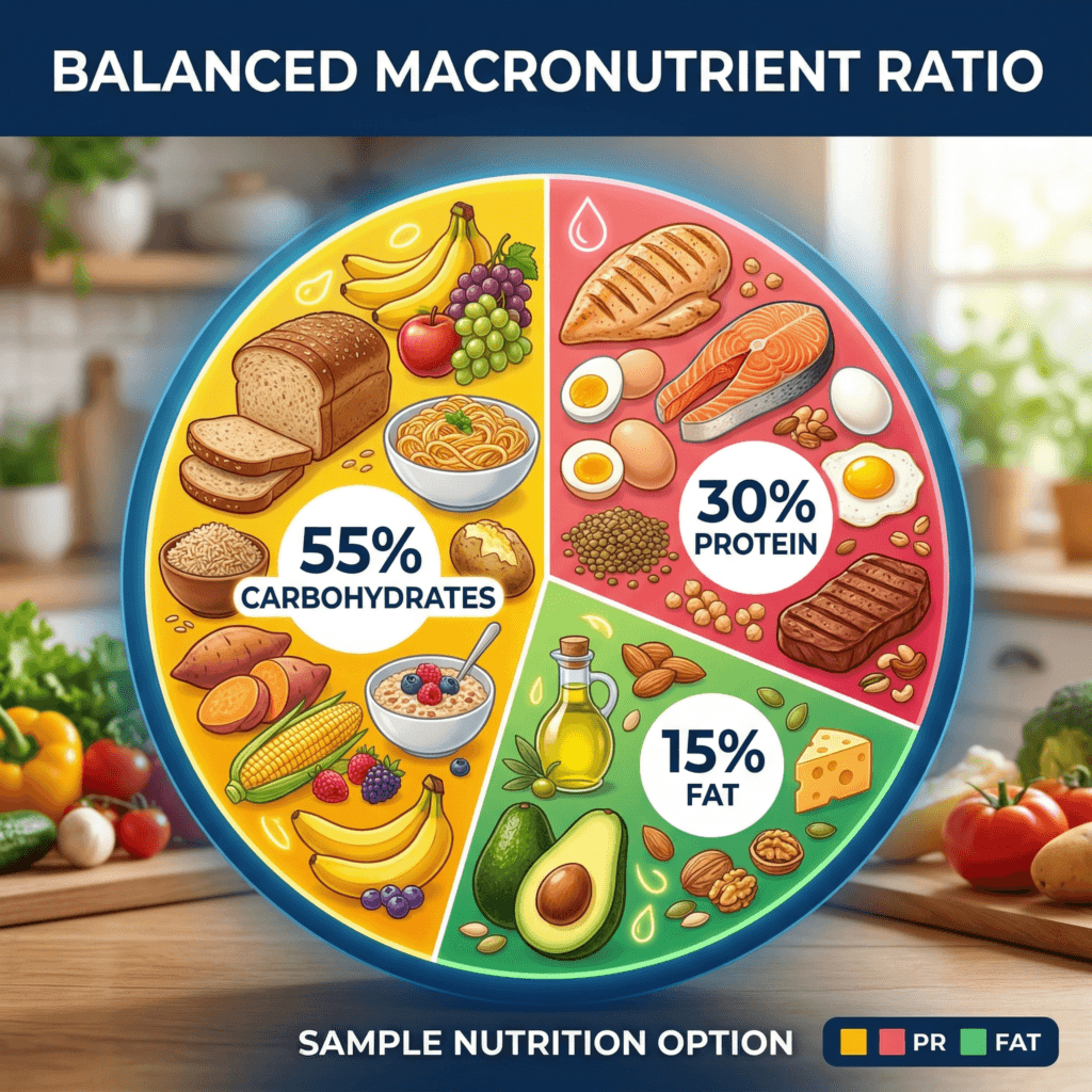 A pie chart illustrating 55% carbs, 30% protein, and 15% fat as an option with appropriate food imagery to illustrate the respective sections
