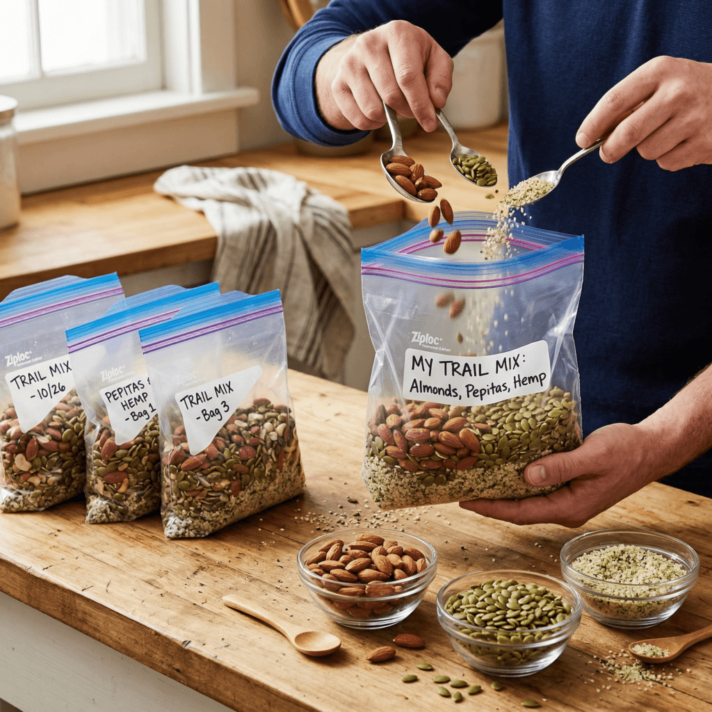 Almonds, pumpkin seeds, and hemp seeds being added to a Ziploc bag to be eaten as a trail mix with 4 Ziploc bags already prepared