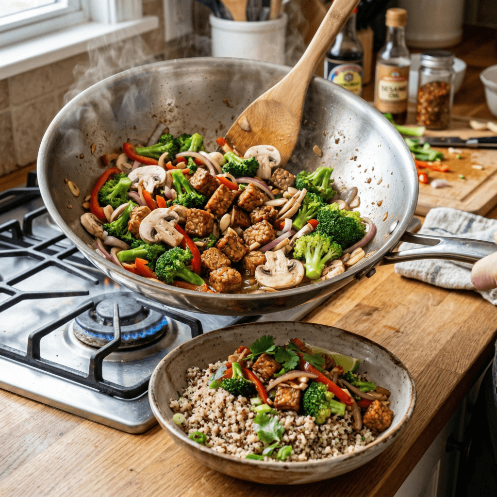 A tempeh stir-fry with broccoli, onions, and mushrooms being cooked in a stainless steel wok layered over quinoa