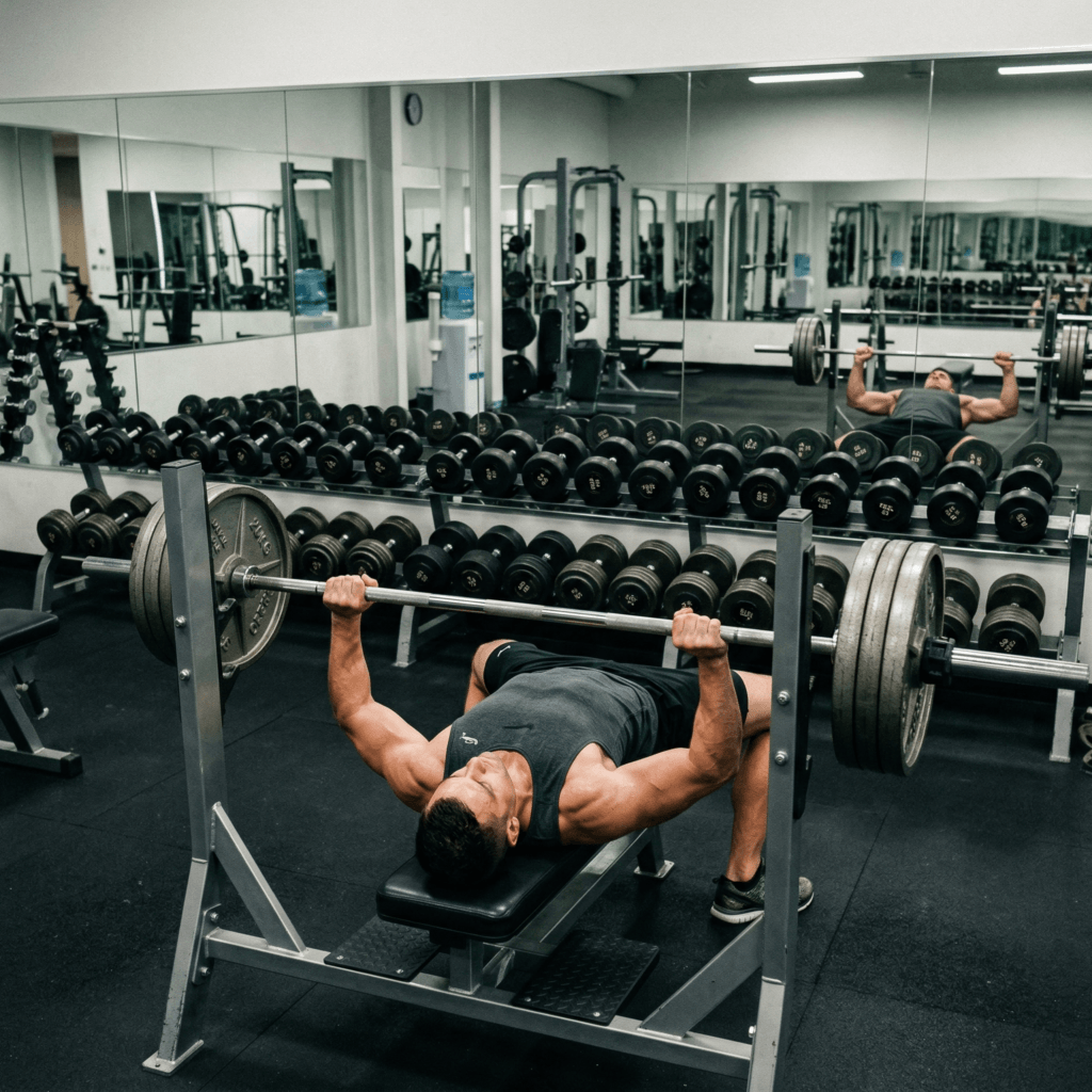 A strong thin but muscular man performing bench presses in an empty gym with mirrors on the wall and dumbbells in front of the mir